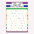 Bridal Fill in the Blank game card with a rainbow-striped background
