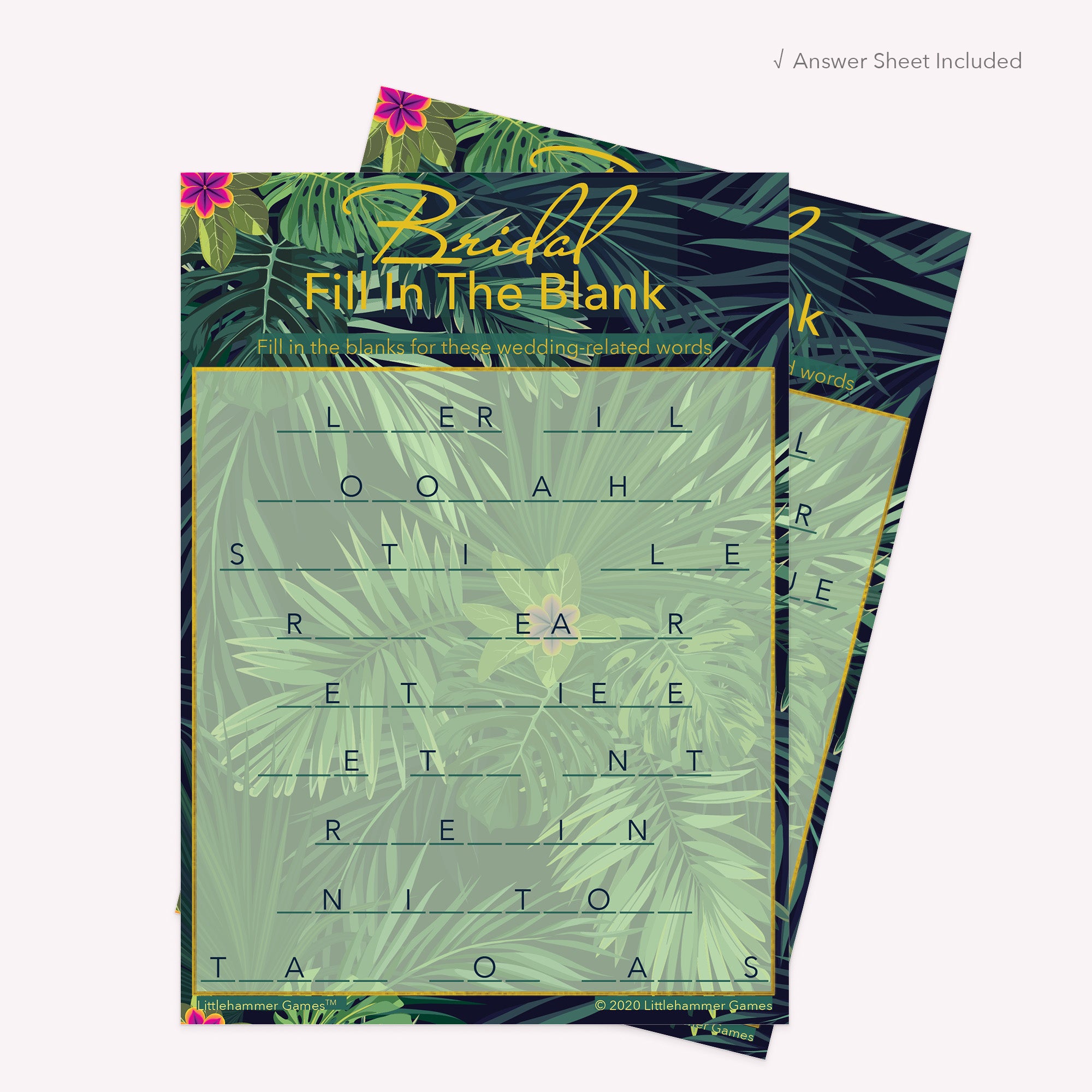 Bridal Fill in the Blank game card with a tropical background with answer card tucked behind it on a slate background with white text that says "Answer Key Included"