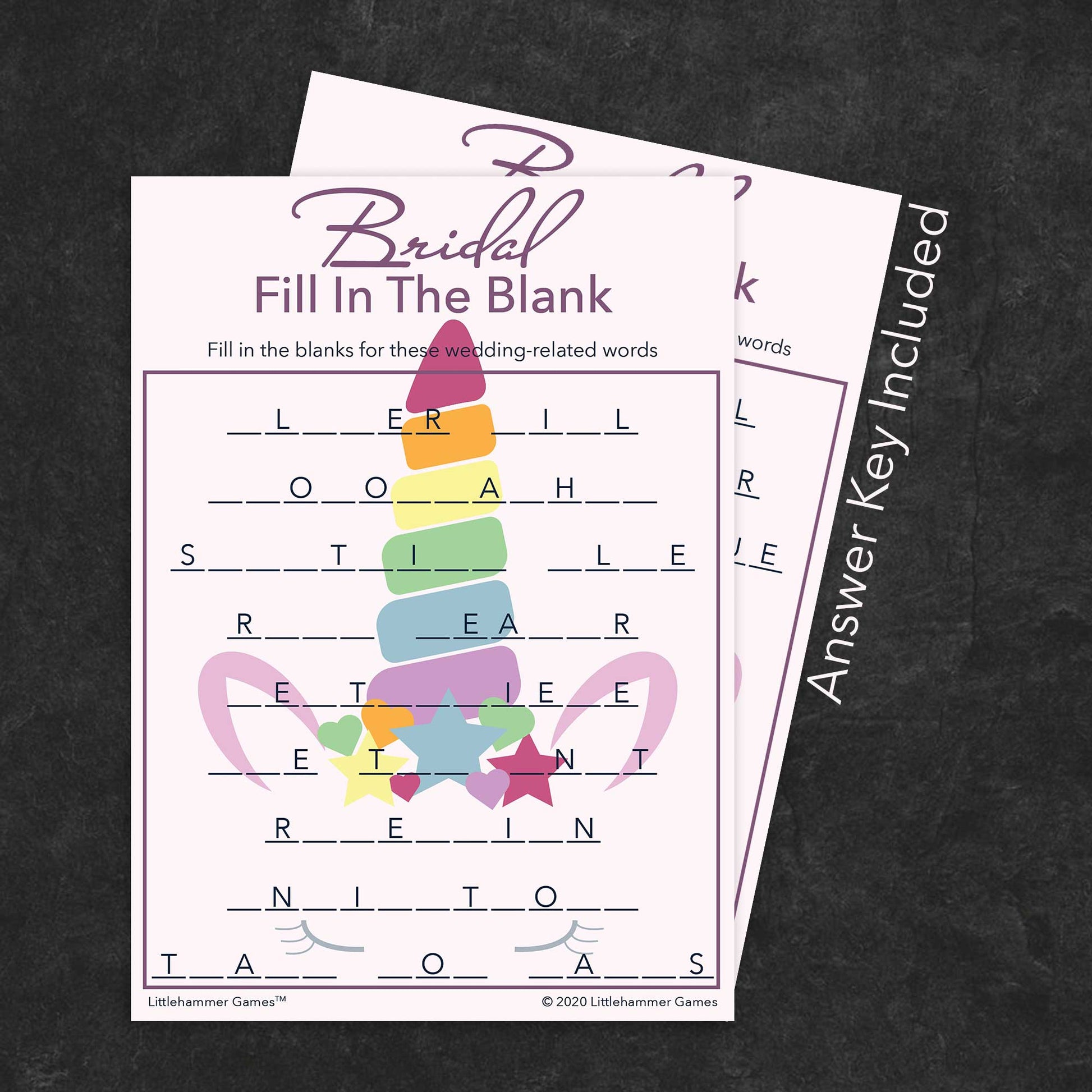 Bridal Fill in the Blank game card with a unicorn background with answer card tucked behind it on a slate background with white text that says "Answer Key Included"