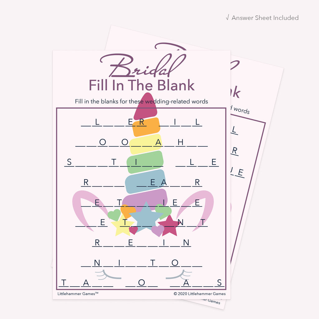 Unicorn Bridal Fill in the Blank printable card with matching answer sheet behind the main card