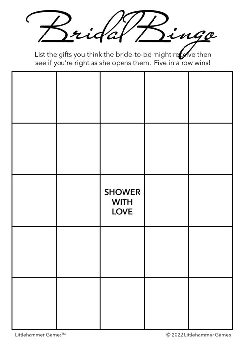 Minimalist black and white Bridal Gift Bingo game card