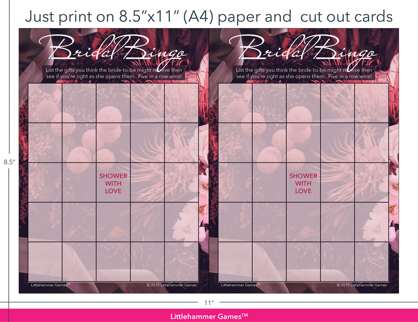 Dark floral Bridal Gift Bingo game cards with printing instructions
