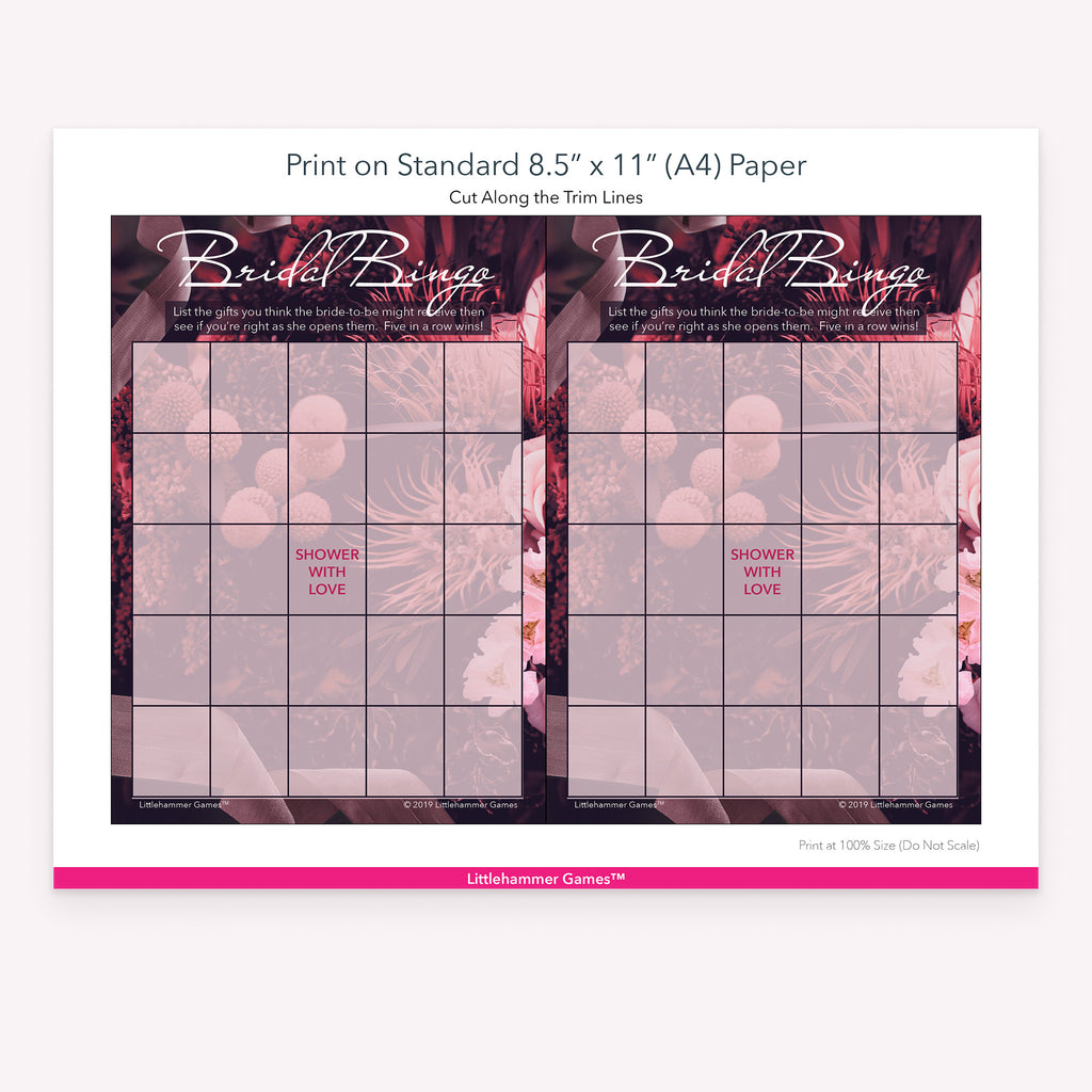 Dark floral Bridal Gift Bingo game cards with printing instructions