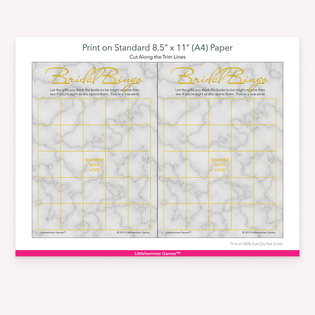 Gold and marble Bridal Gift Bingo game cards with printing instructions