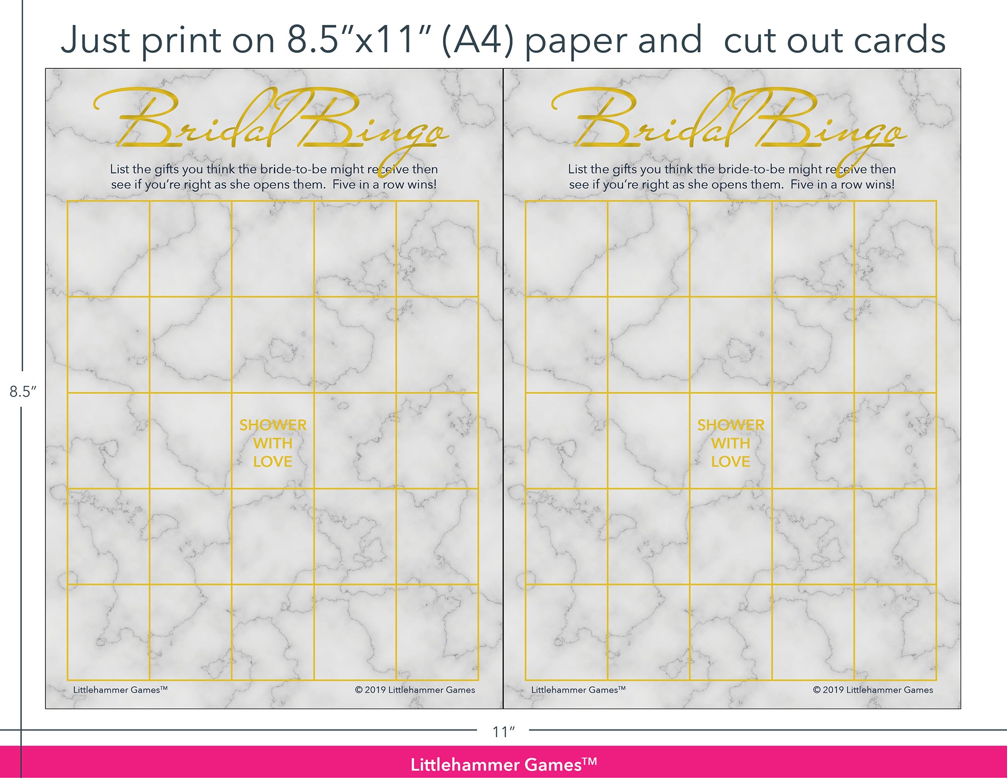 Gold and marble Bridal Gift Bingo game cards with printing instructions
