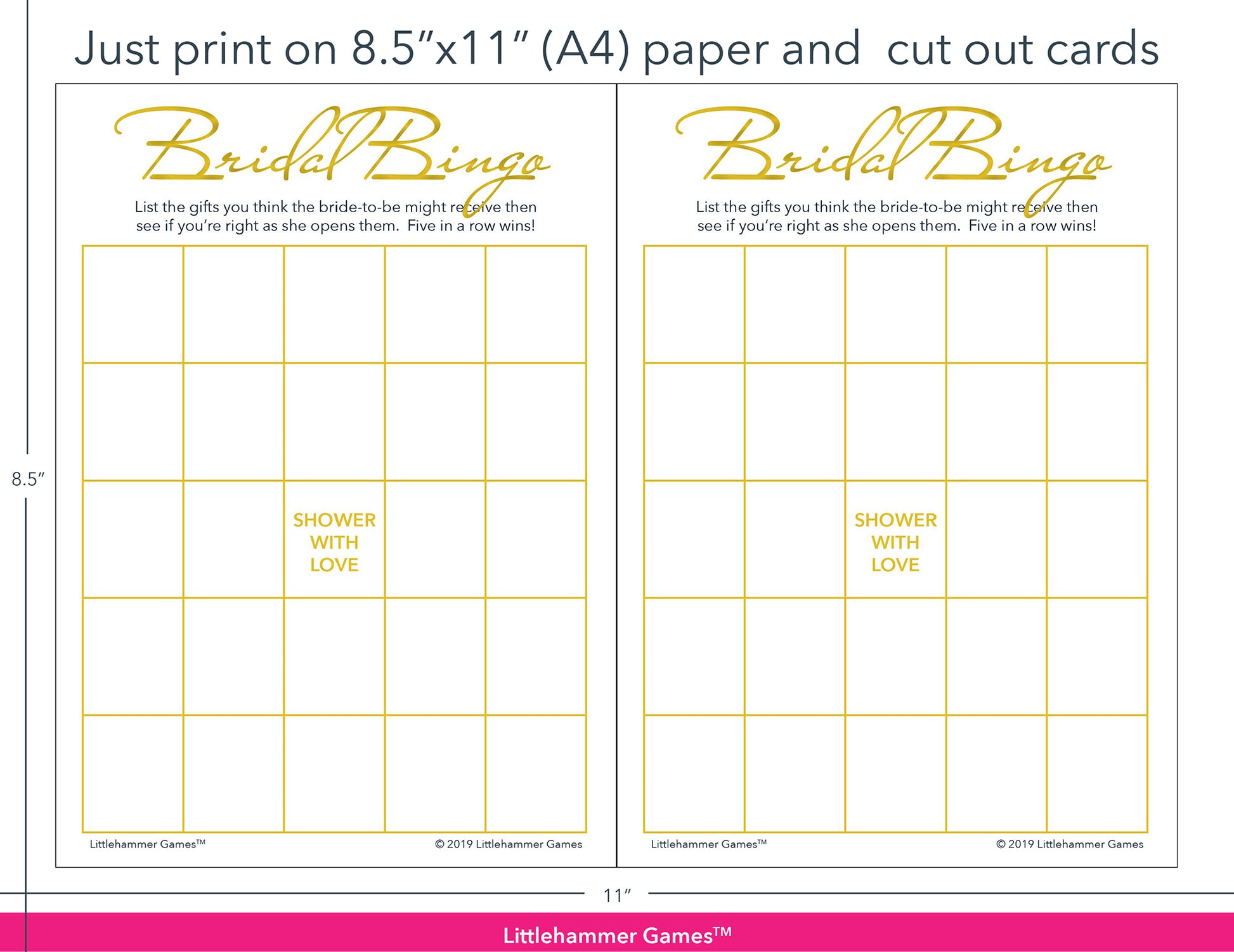 Gold and white Bridal Gift Bingo game cards with printing instructions