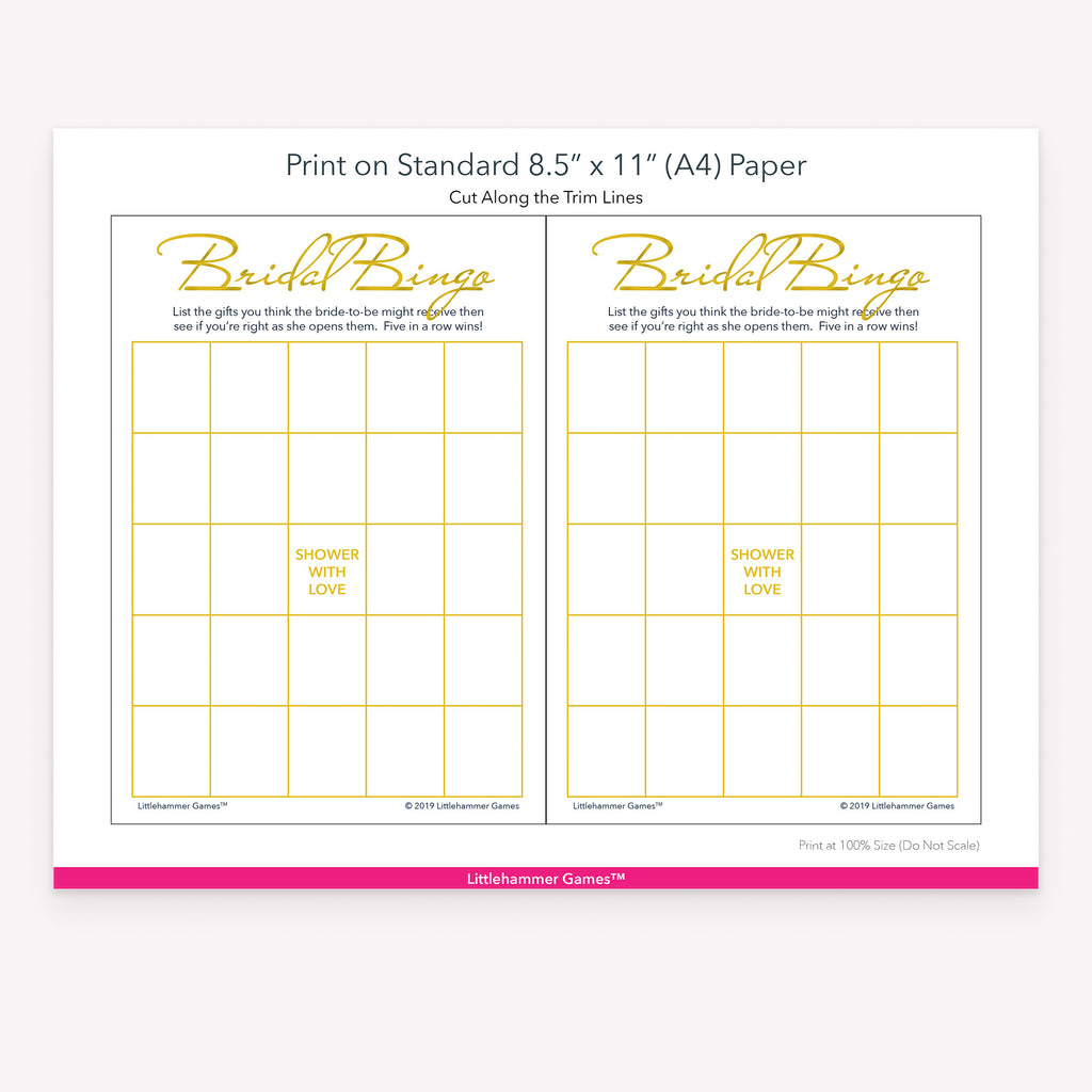 Printable gold and white Bridal Gift Bingo game card layout showing US Letter size dimensions and printing information