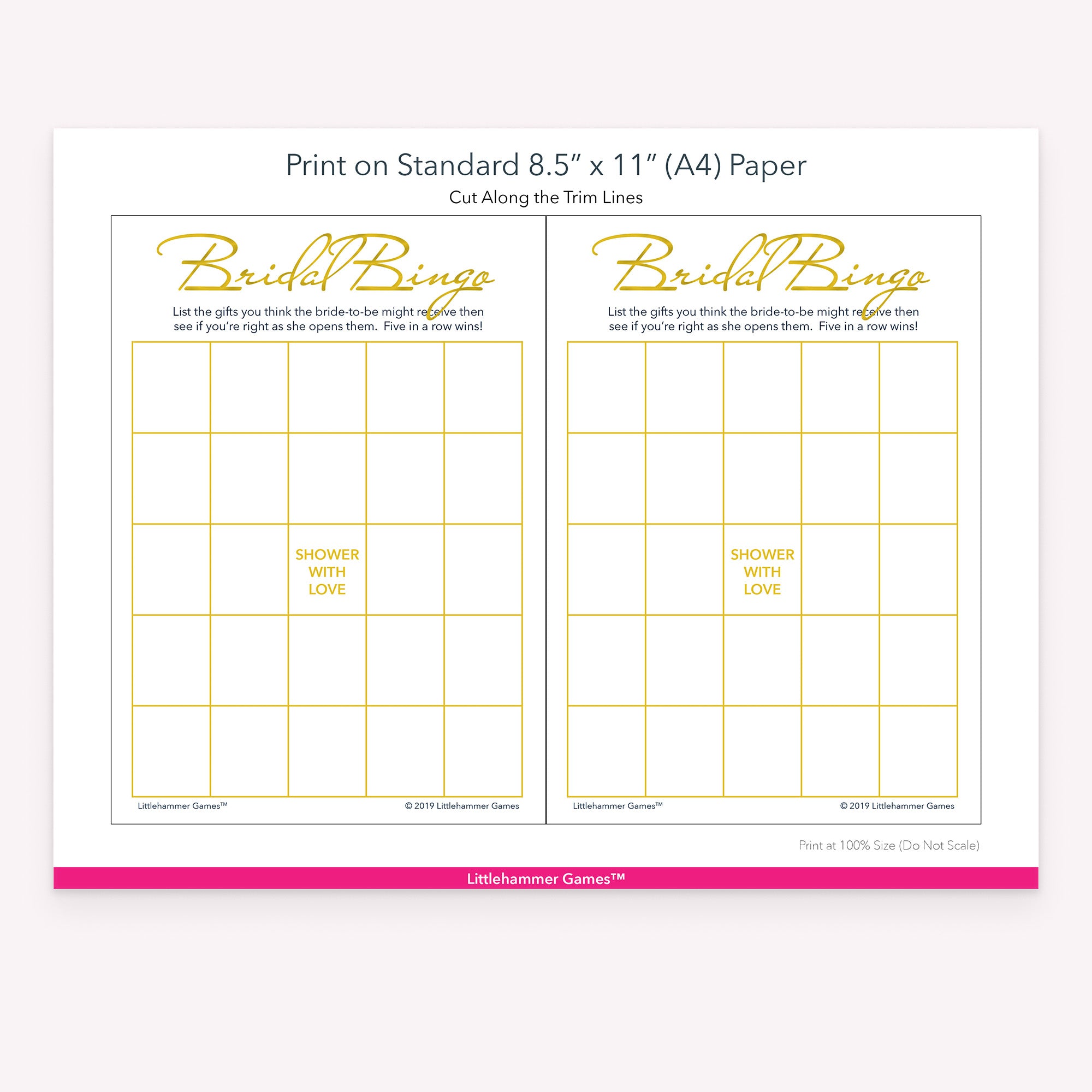 Printable gold and white Bridal Gift Bingo game card layout showing US Letter size dimensions and printing information