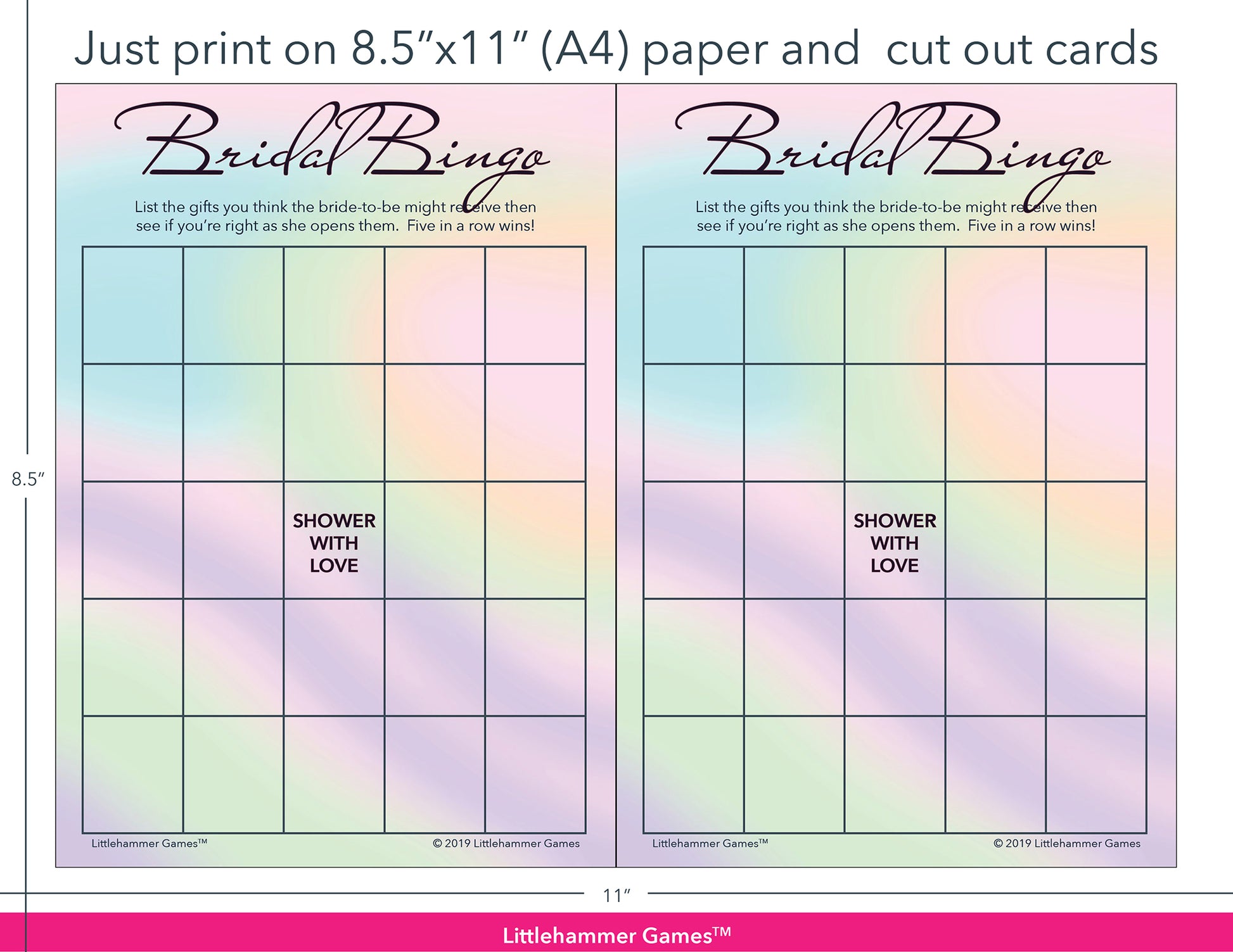 Holographic-themed Bridal Gift Bingo game cards with printing instructions