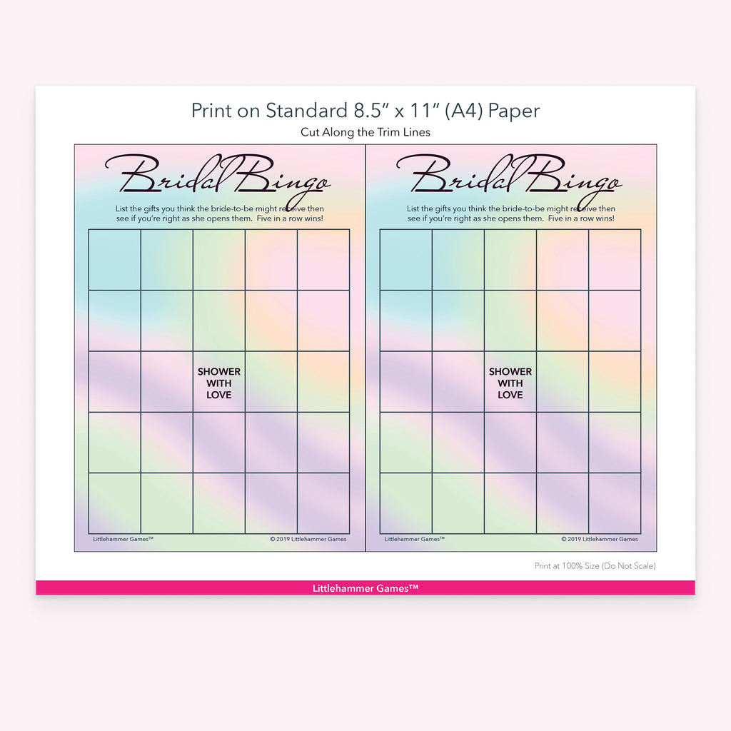 Holographic-themed Bridal Gift Bingo game cards with printing instructions