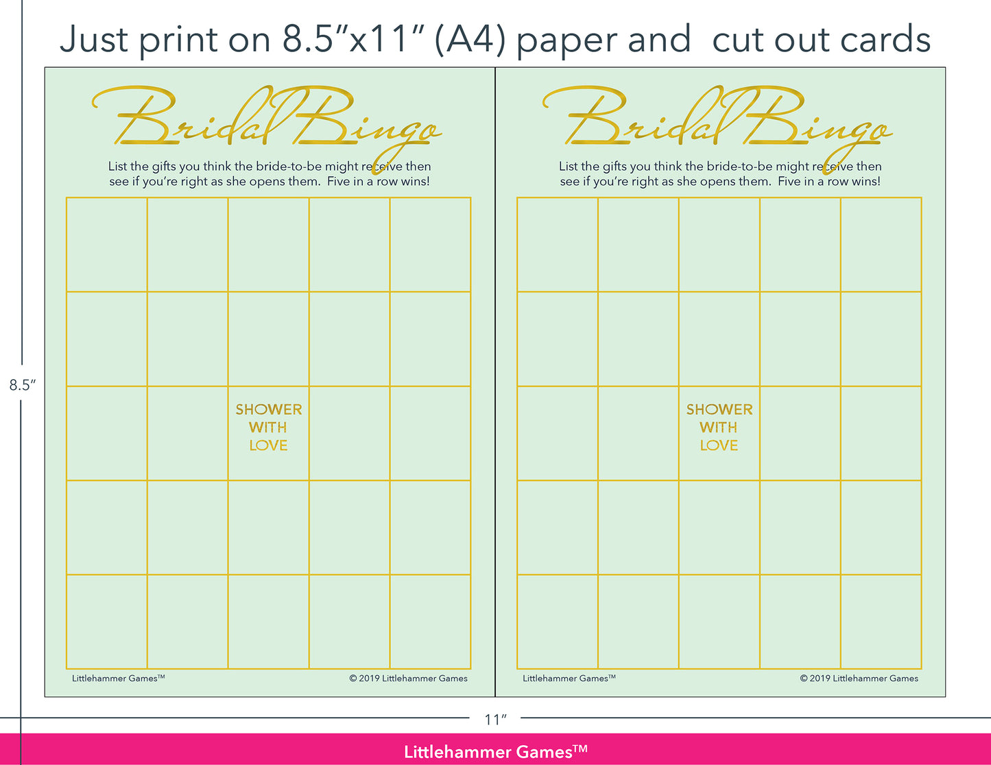 Mint and gold Bridal Gift Bingo game cards with printing instructions