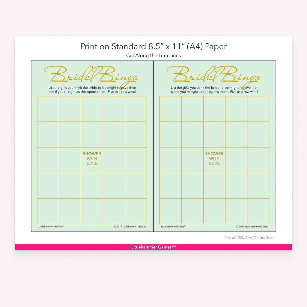 Mint and gold Bridal Gift Bingo game cards with printing instructions