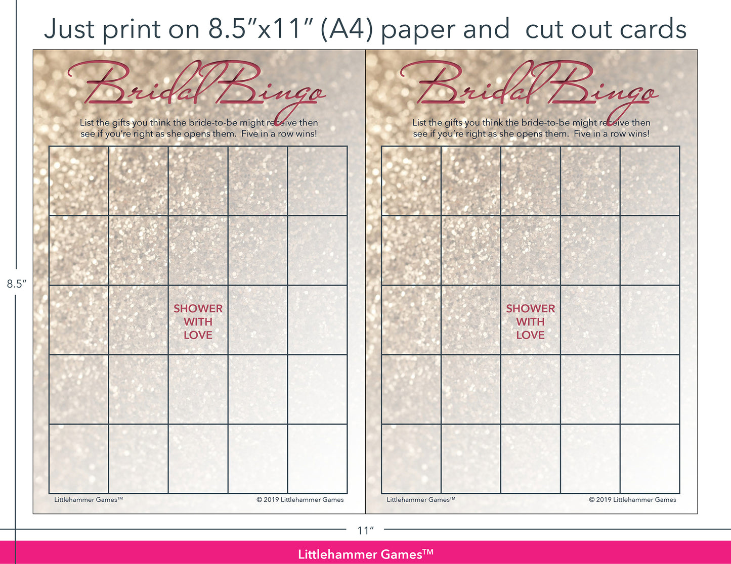 Glittery rose gold Bridal Gift Bingo game cards with printing instructions