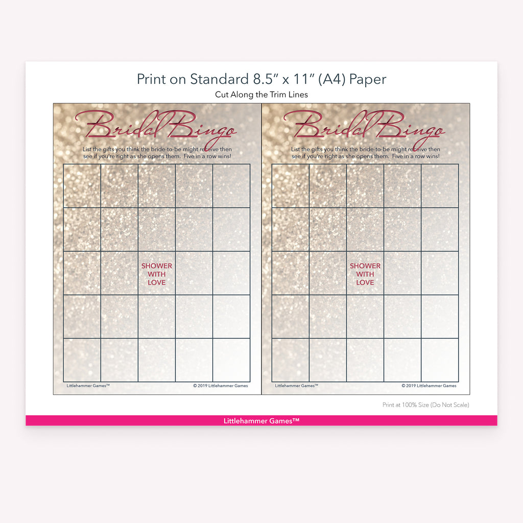 Glittery rose gold Bridal Gift Bingo game cards with printing instructions