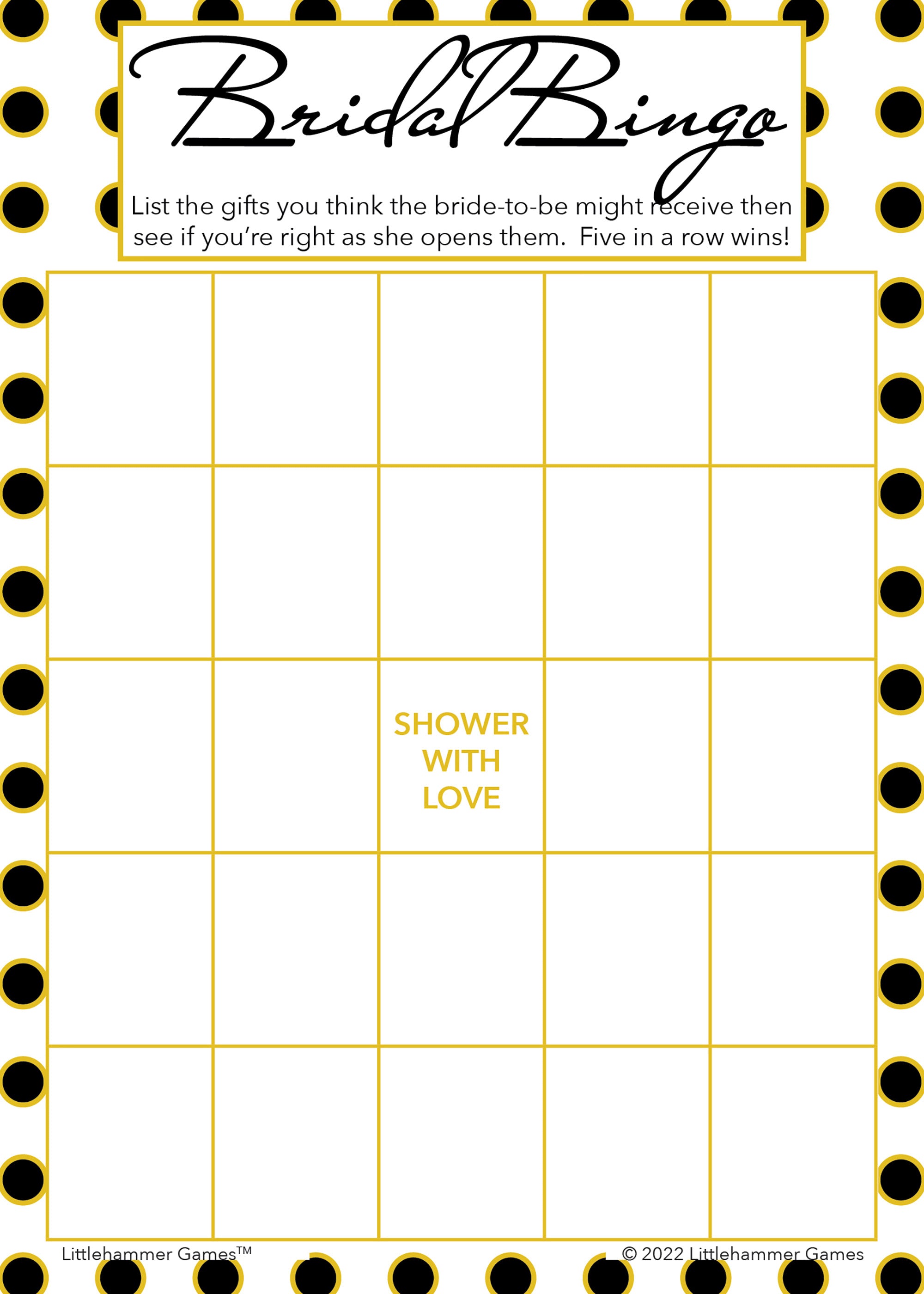 Black and gold polka dot Bridal Gift Bingo game card