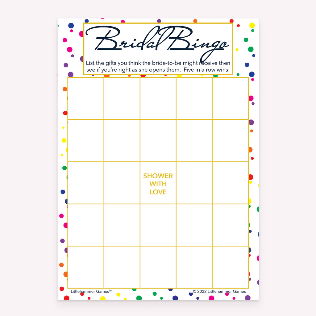 Rainbow polka dot Bridal Gift Bingo game card
