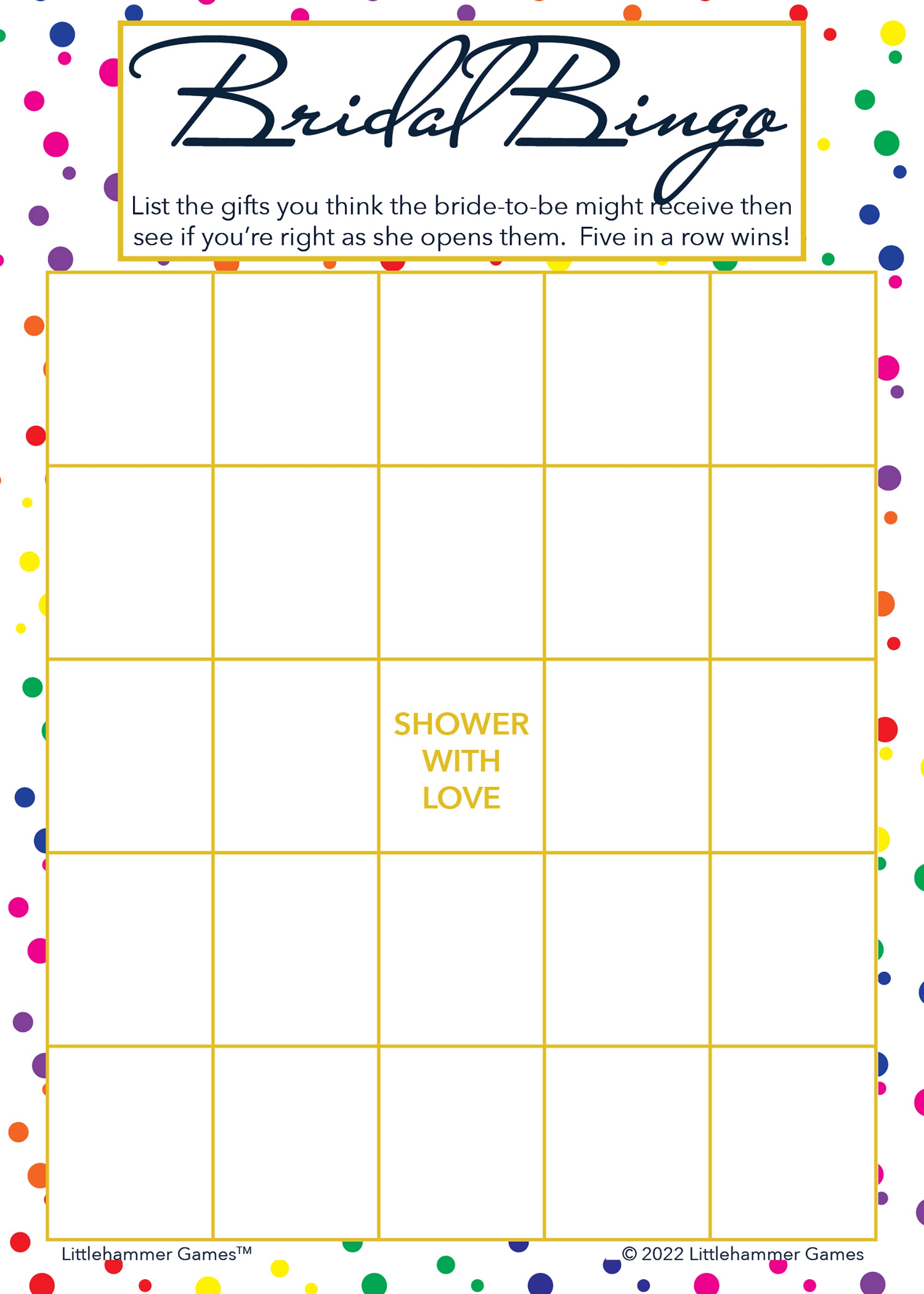 Rainbow polka dot Bridal Gift Bingo game card