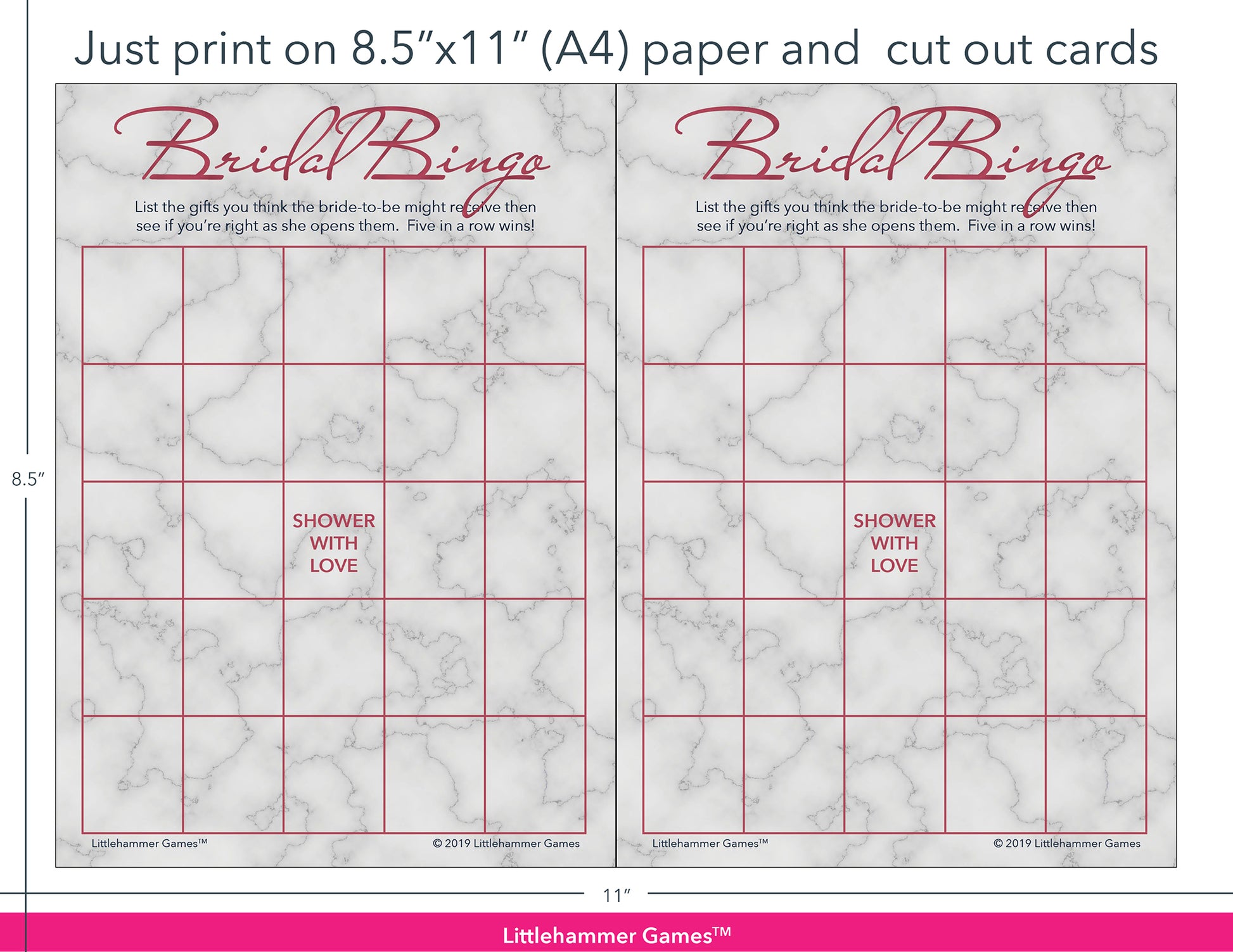 Rose gold and marble Bridal Gift Bingo game cards with printing instructions