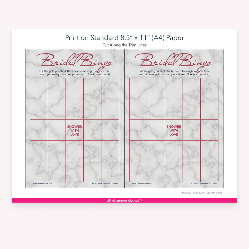 Rose gold and marble Bridal Gift Bingo game cards with printing instructions