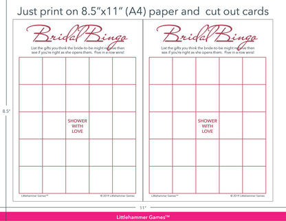 Rose gold and white Bridal Gift Bingo game cards with printing instructions