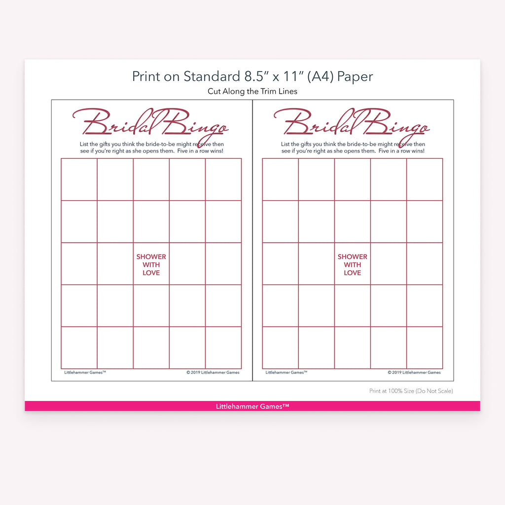 Rose gold and white Bridal Gift Bingo game cards with printing instructions
