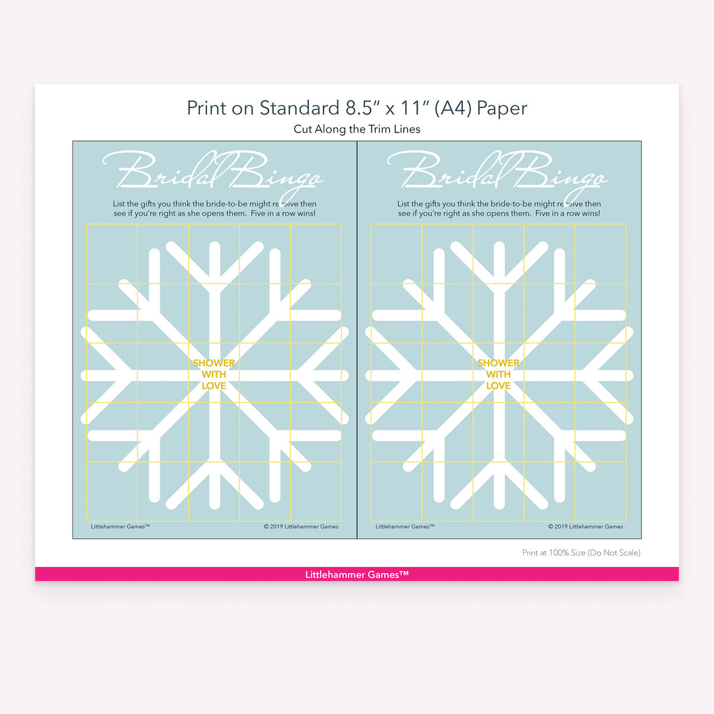 Snowflake-themed Bridal Gift Bingo game cards with printing instructions