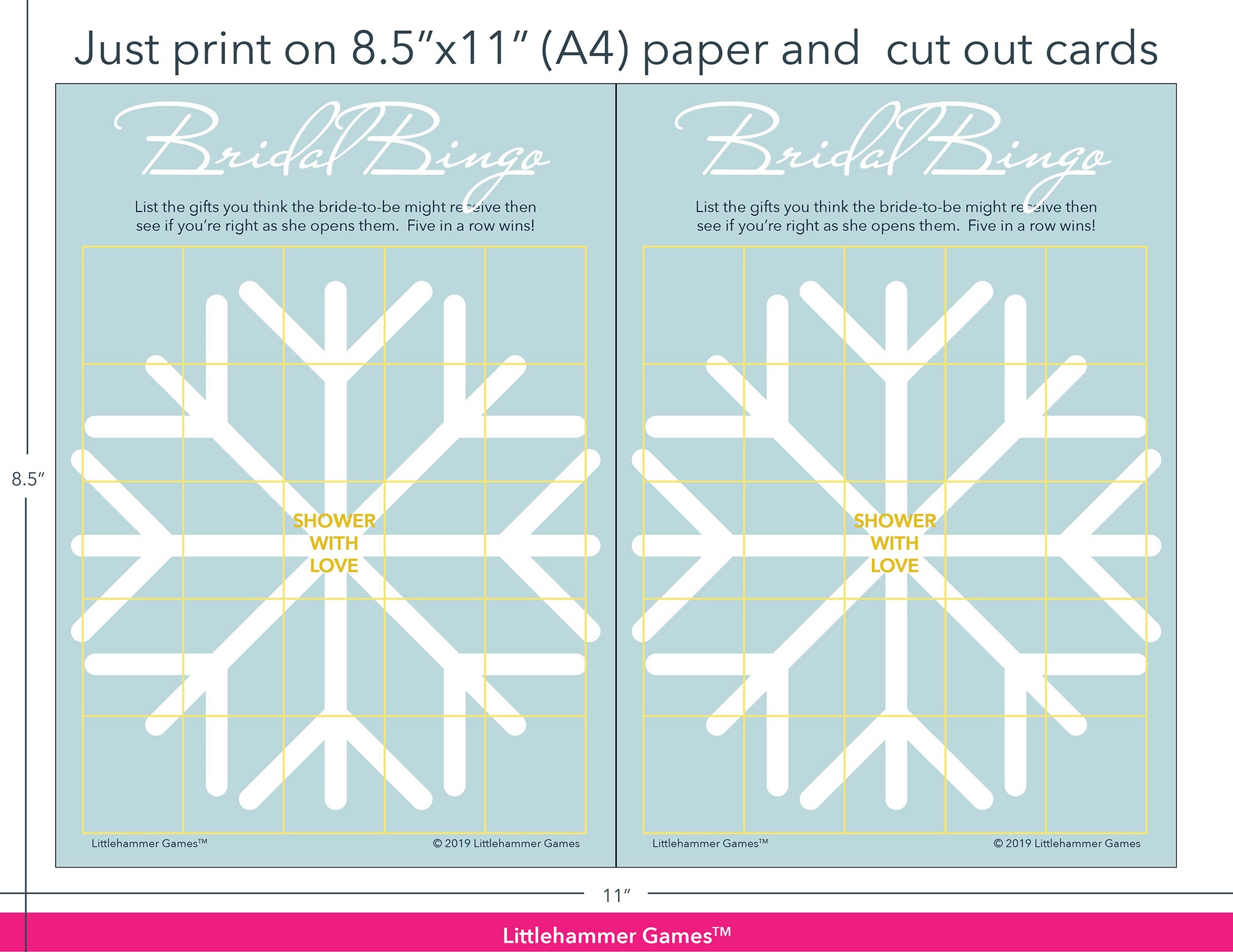Snowflake-themed Bridal Gift Bingo game cards with printing instructions