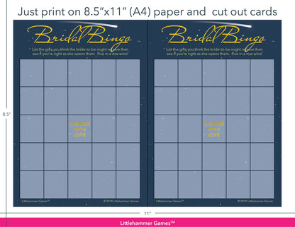Celestial-themed Bridal Gift Bingo game cards with printing instructions