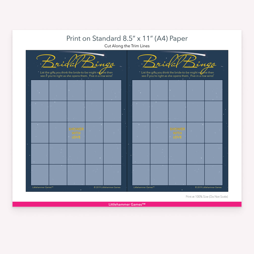 Celestial-themed Bridal Gift Bingo game cards with printing instructions
