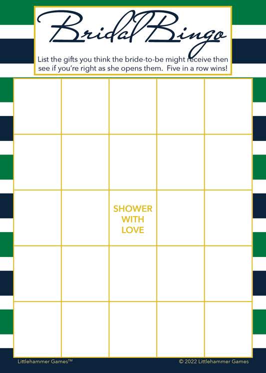 Green and navy-striped Bridal Gift Bingo game card
