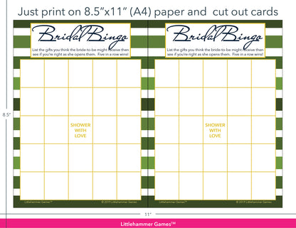 Green-striped Bridal Gift Bingo game cards with printing instructions