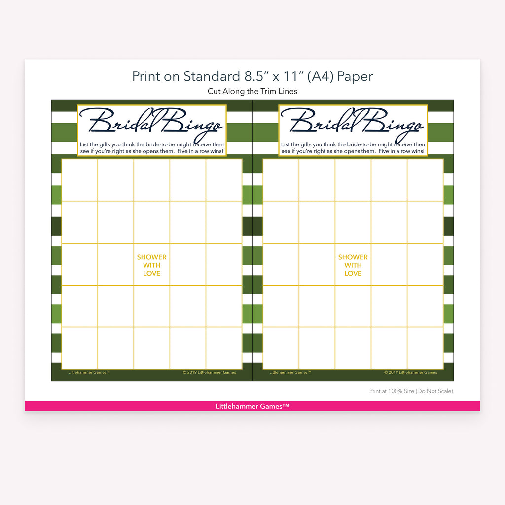 Green-striped Bridal Gift Bingo game cards with printing instructions