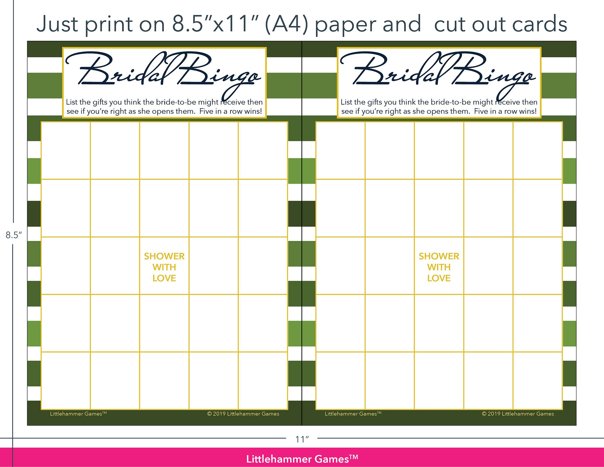 Green-striped Bridal Gift Bingo game cards with printing instructions