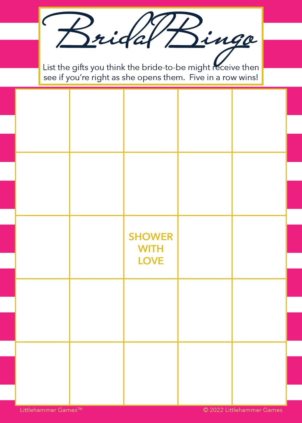 Pink-striped Bridal Gift Bingo game card
