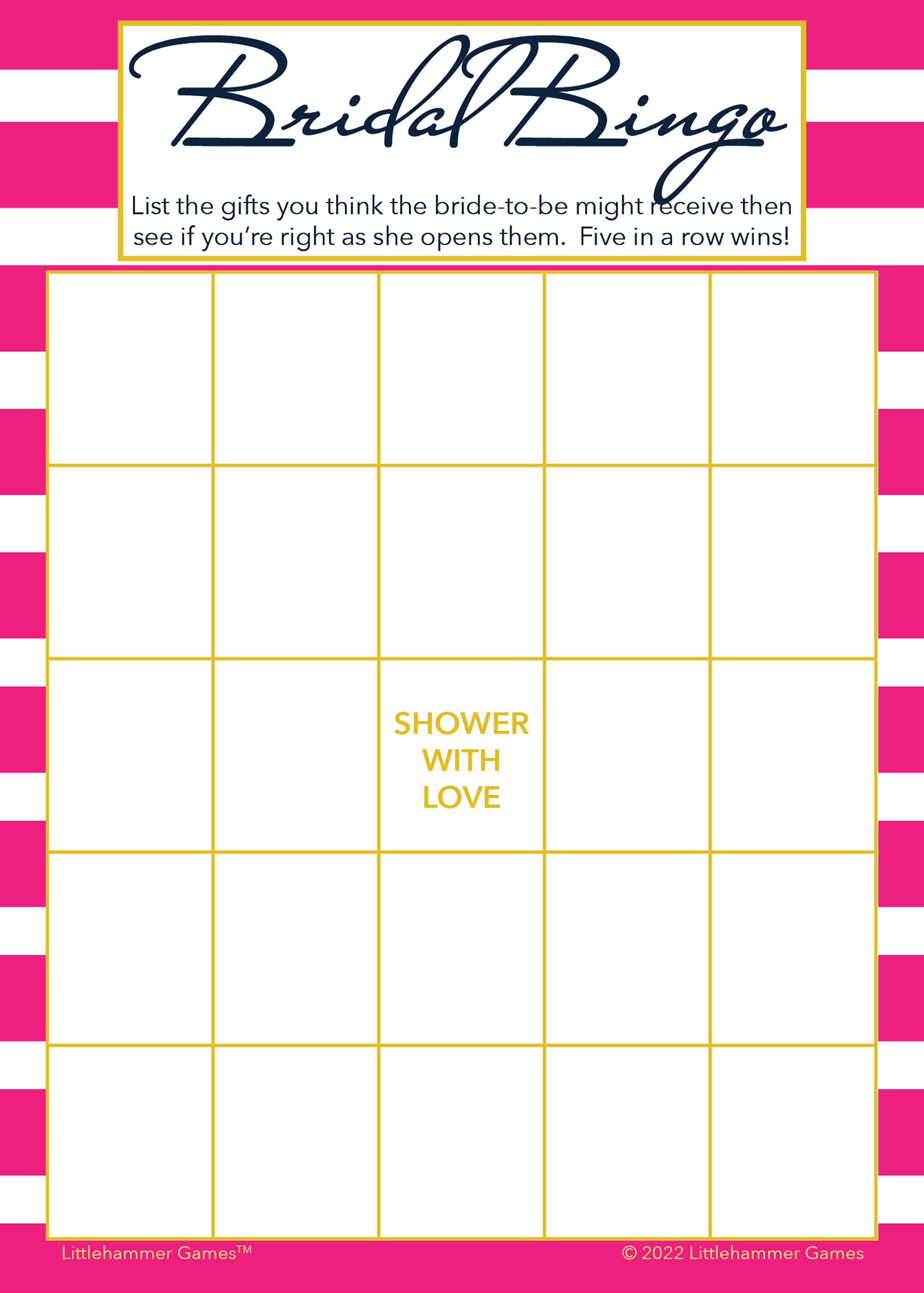 Pink-striped Bridal Gift Bingo game card