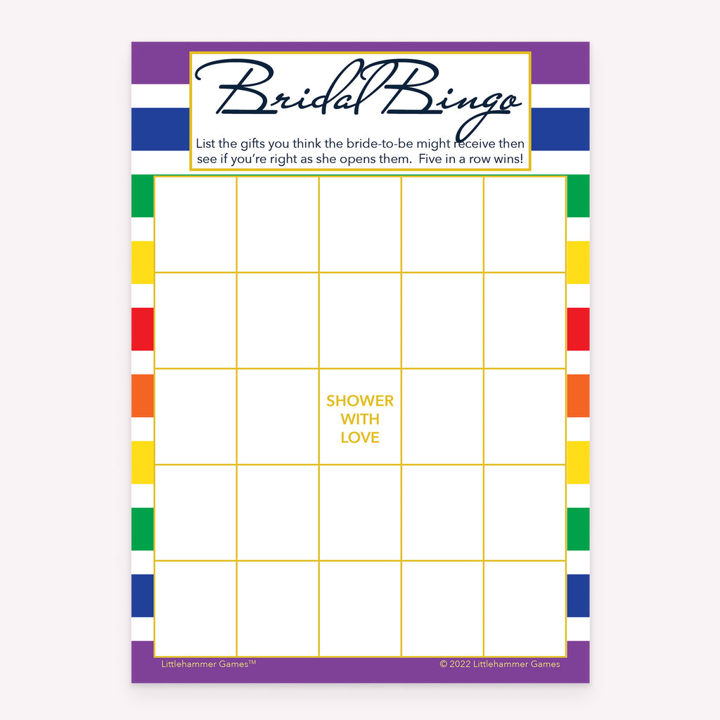 Rainbow-striped Bridal Gift Bingo game card