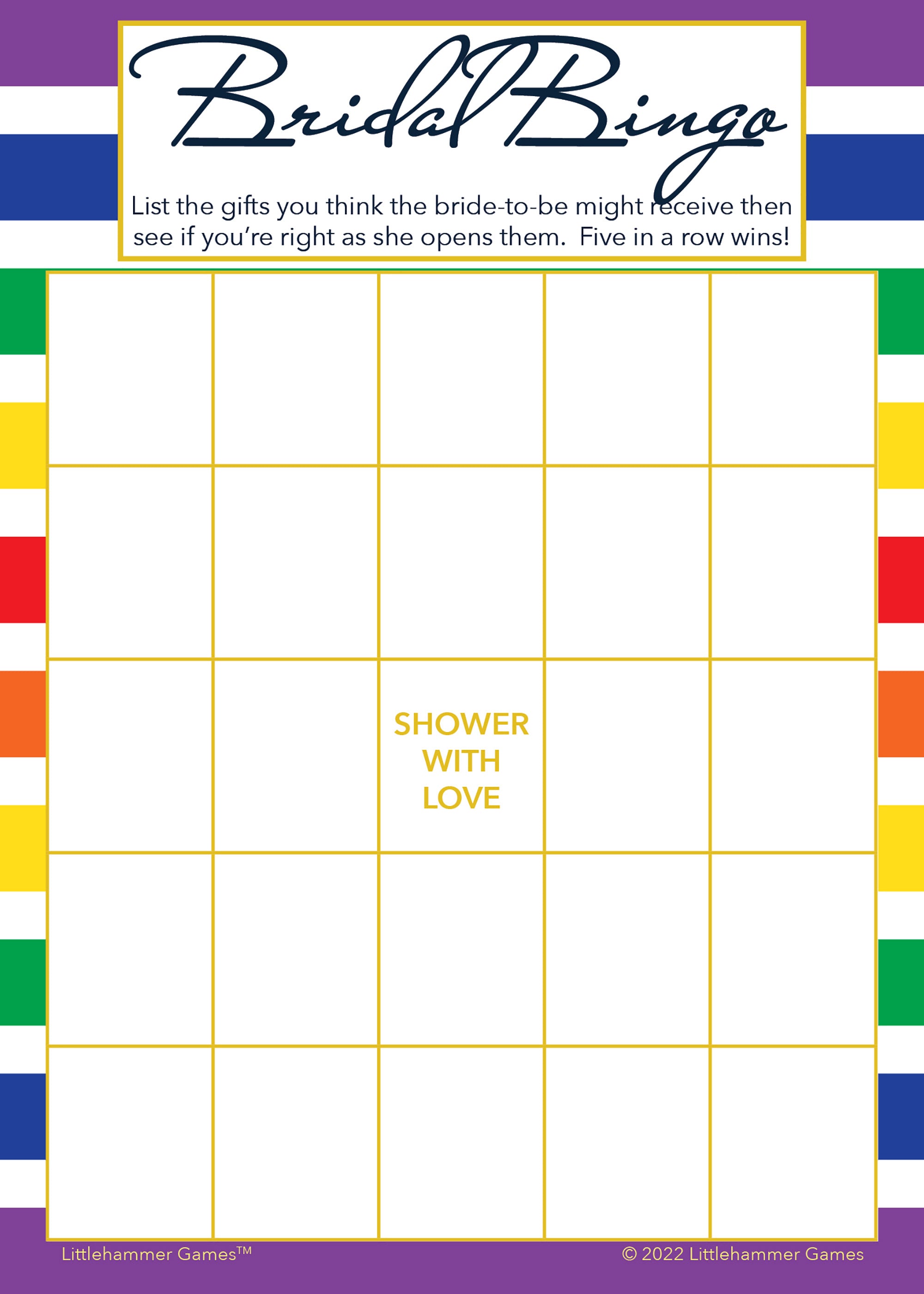 Rainbow-striped Bridal Gift Bingo game card