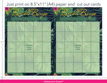 Tropical-themed Bridal Gift Bingo game cards with printing instructions