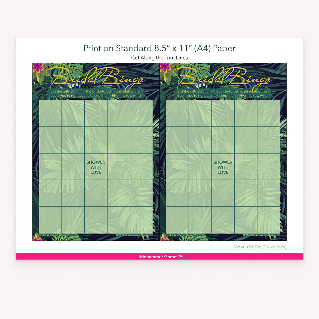 Tropical-themed Bridal Gift Bingo game cards with printing instructions