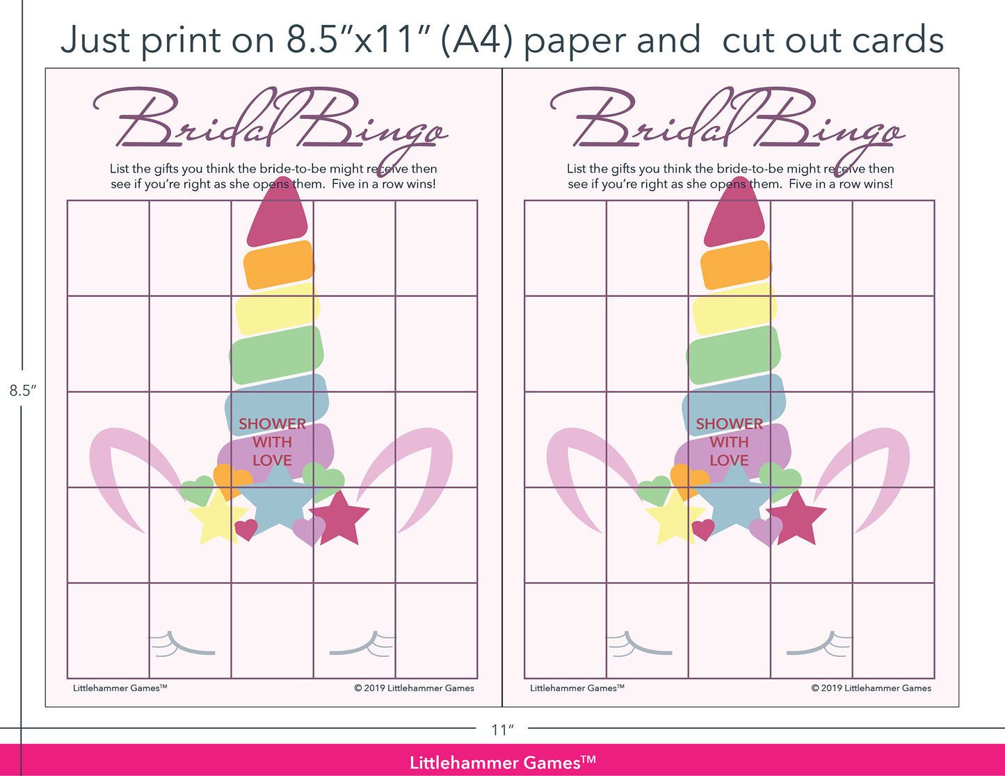 Unicorn-themed Bridal Gift Bingo game cards with printing instructions