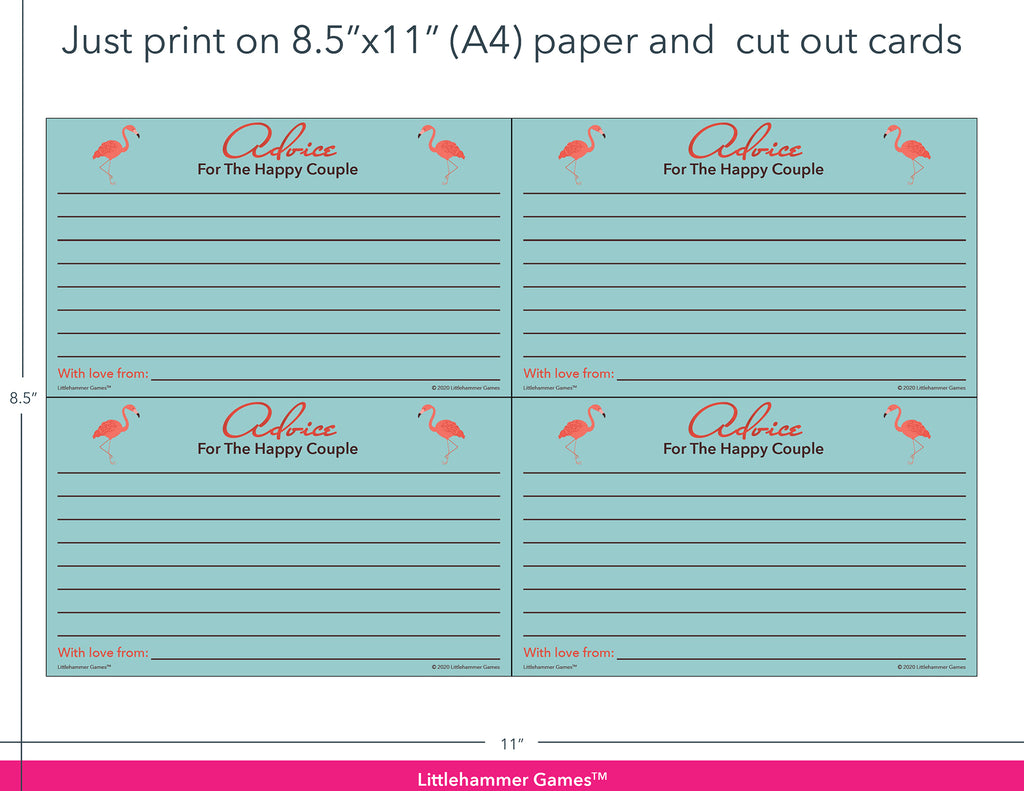 Flamingo-themed Advice for the Happy Couple game cards with printing instructions