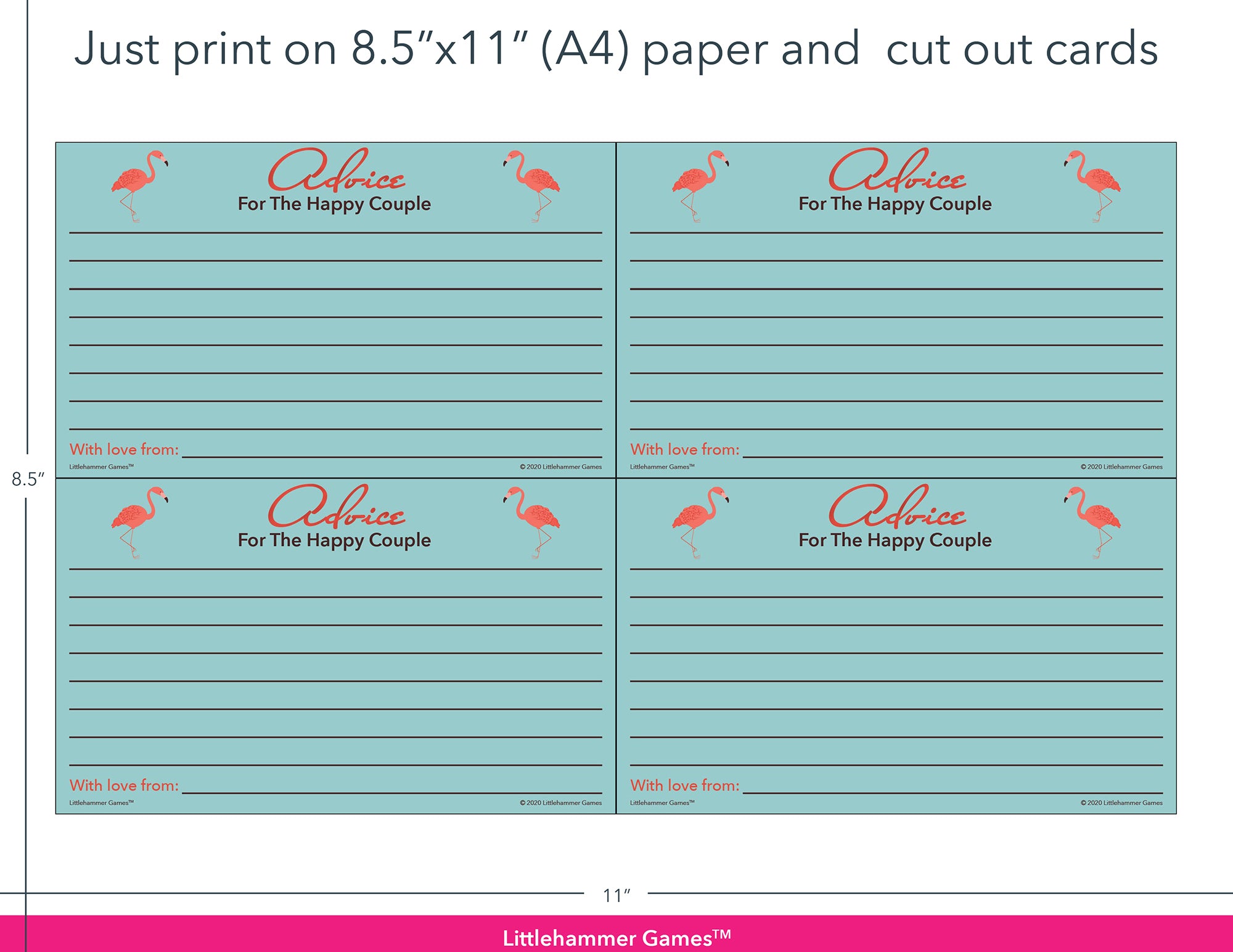 Flamingo-themed Advice for the Happy Couple game cards with printing instructions