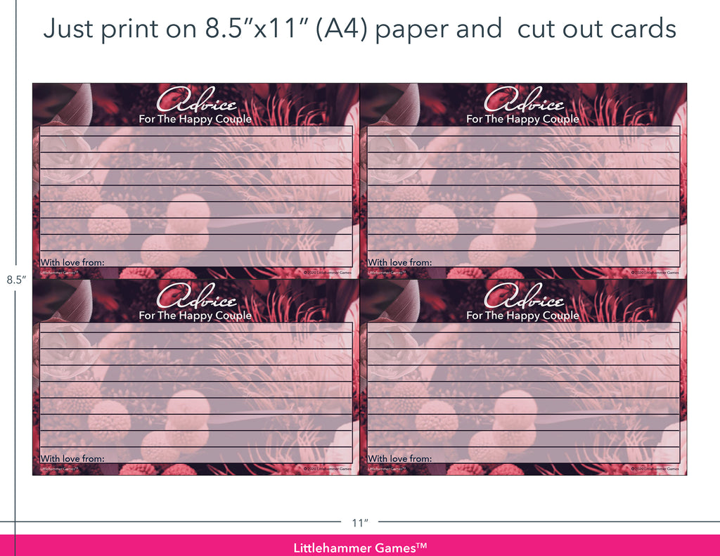 Dark floral Advice for the Happy Couple game cards with printing instructions