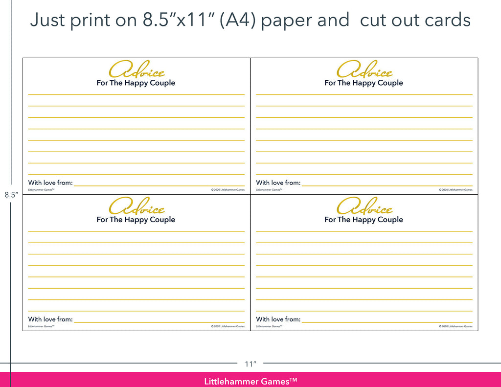 Gold and white Advice for the Happy Couple game cards with printing instructions