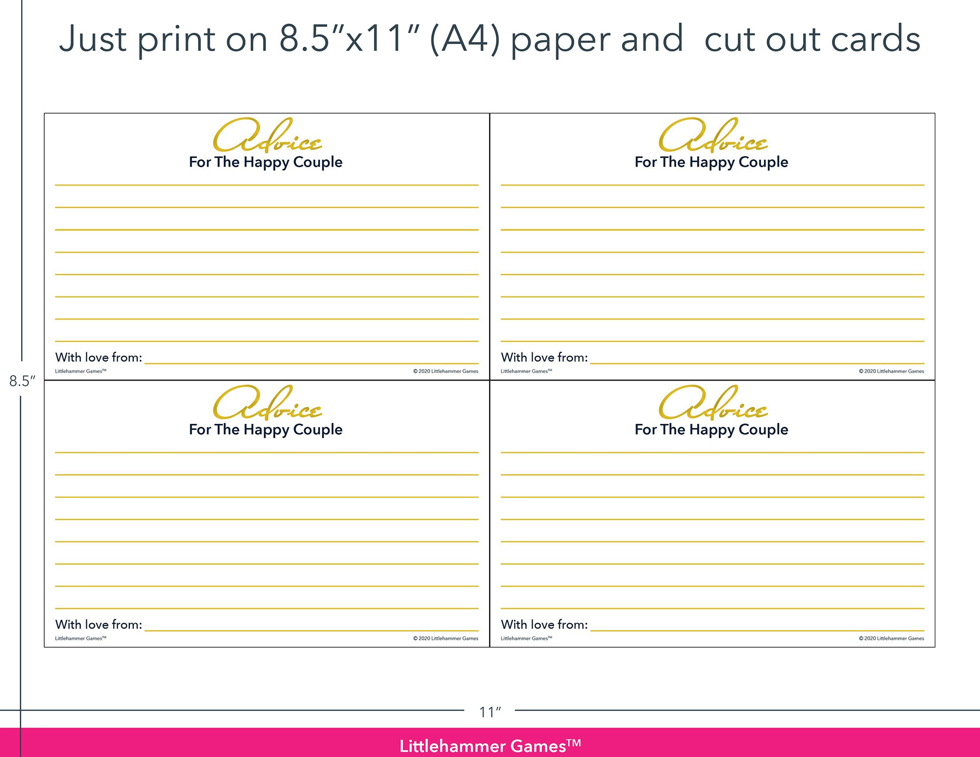 Gold and white Advice for the Happy Couple game cards with printing instructions