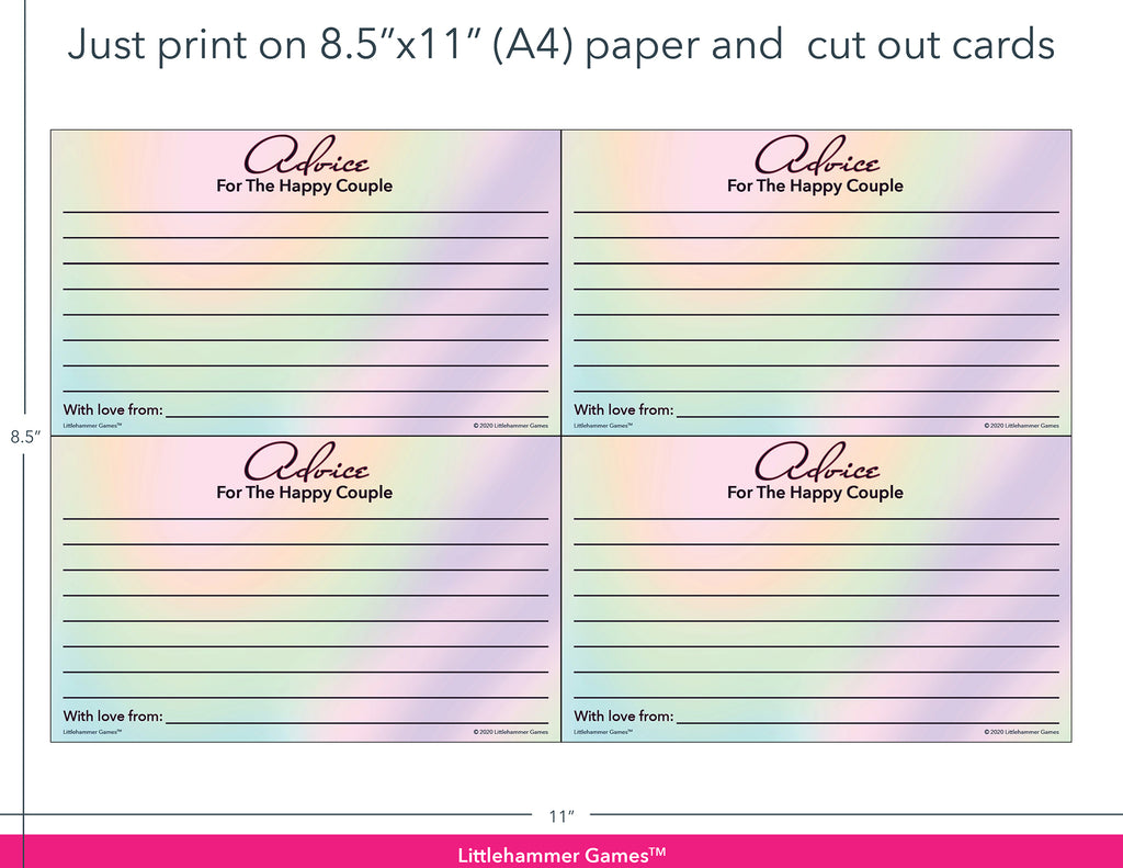 Hologram-themed Advice for the Happy Couple game cards with printing instructions