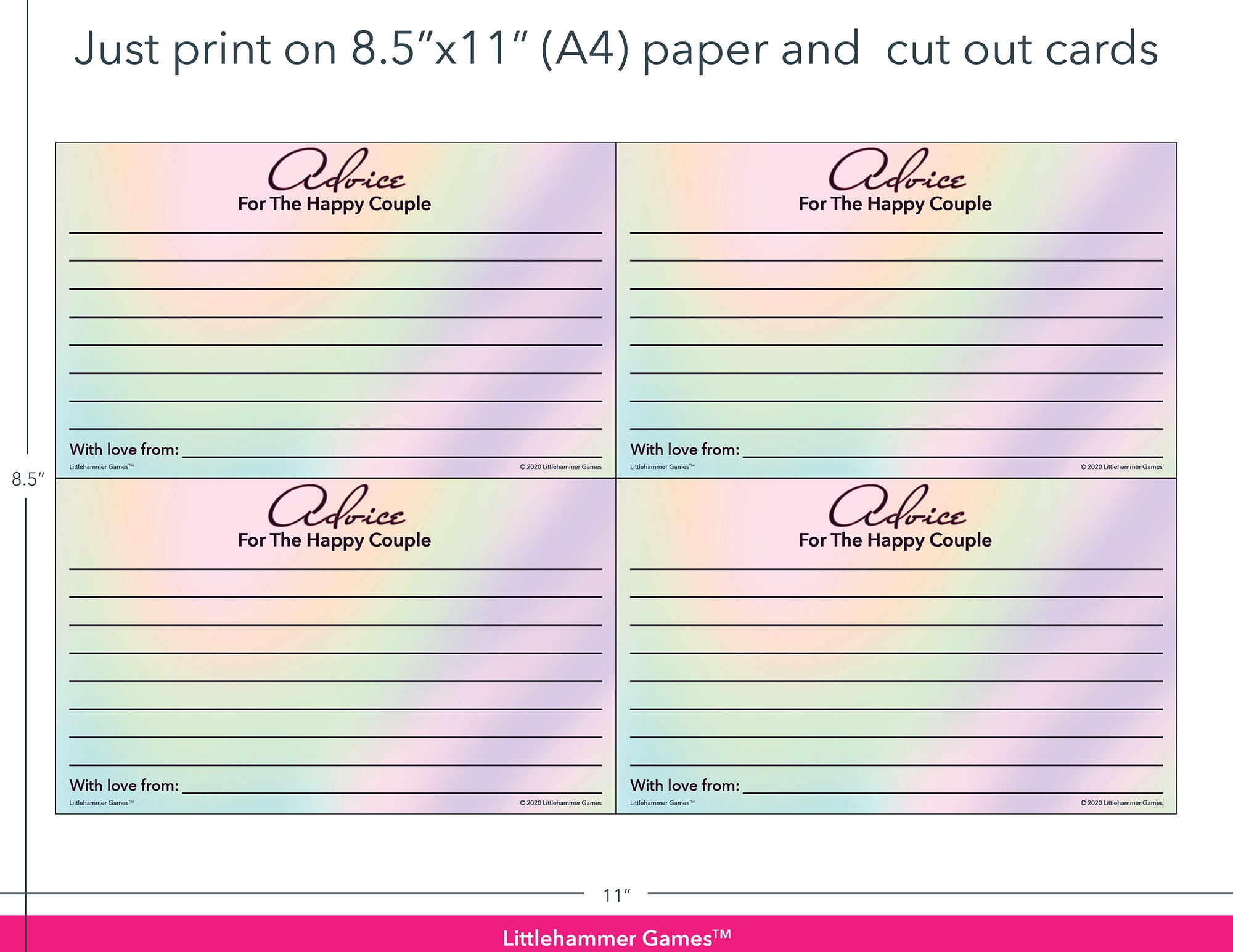 Hologram-themed Advice for the Happy Couple game cards with printing instructions