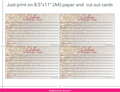 Glittery rose gold Advice for the Happy Couple game cards with printing instructions