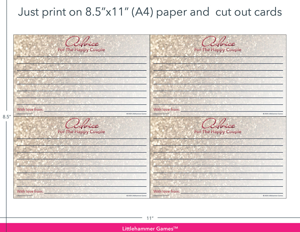 Glittery rose gold Advice for the Happy Couple game cards with printing instructions