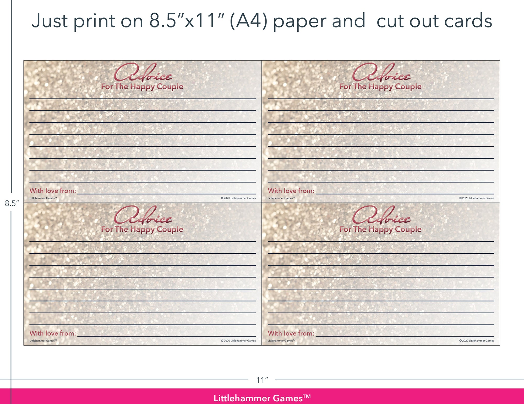 Glittery rose gold Advice for the Happy Couple game cards with printing instructions